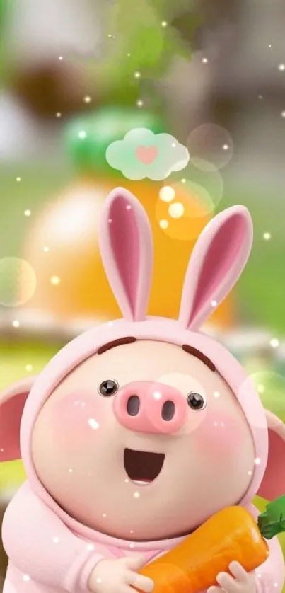 Cartoon pig in bunny suit with carrot.