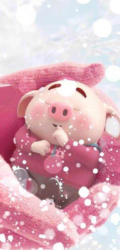 Cute pig nestled in pink gloves with snowy background.