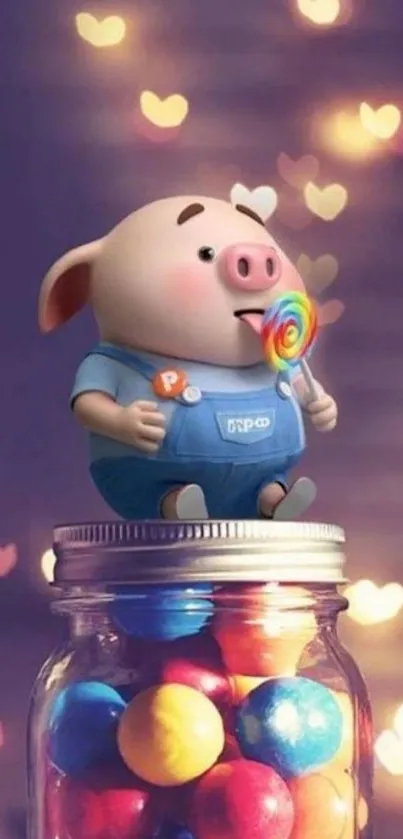 Cute cartoon pig holding lollipop on candy jar with heart bokeh background.