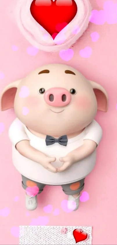 Cute pig with hearts on pink background. Adorable design for mobile wallpaper.