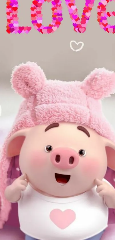 Adorable pig with heart hat on pink background