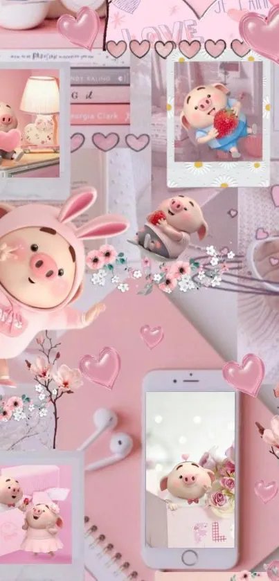 Cute pink piggy themed wallpaper for mobile with heart accents and botanical motifs.