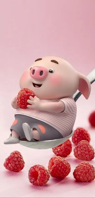 Cute cartoon pig with raspberries on a pink background wallpaper.