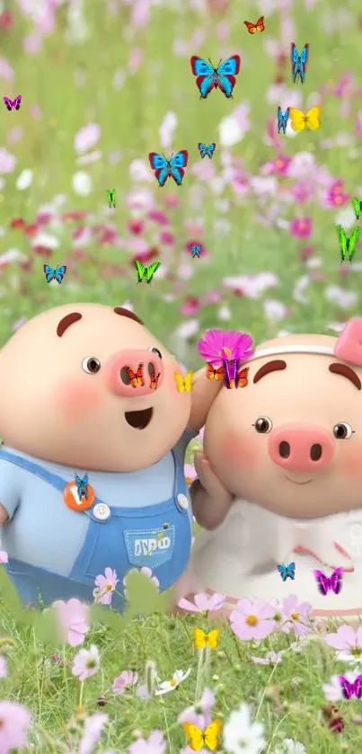 Adorable piglets in a vibrant garden with butterflies and flowers.