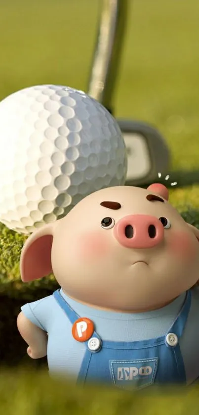 Cute piglet in denim with golf ball on grass.