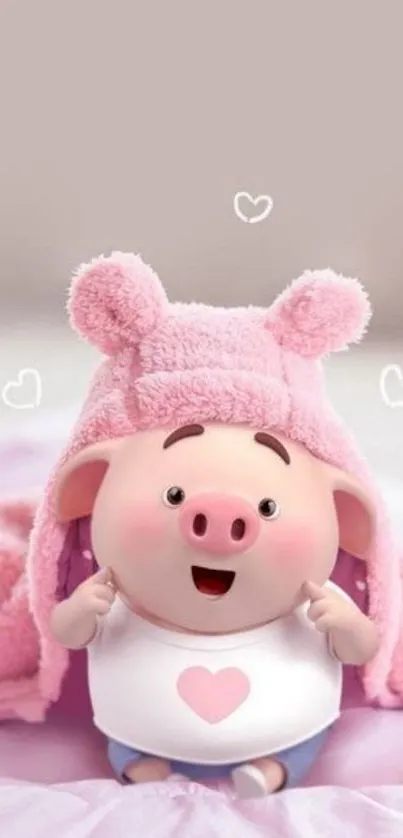 Adorable piglet wearing a pink fluffy hat with hearts on a pastel background.