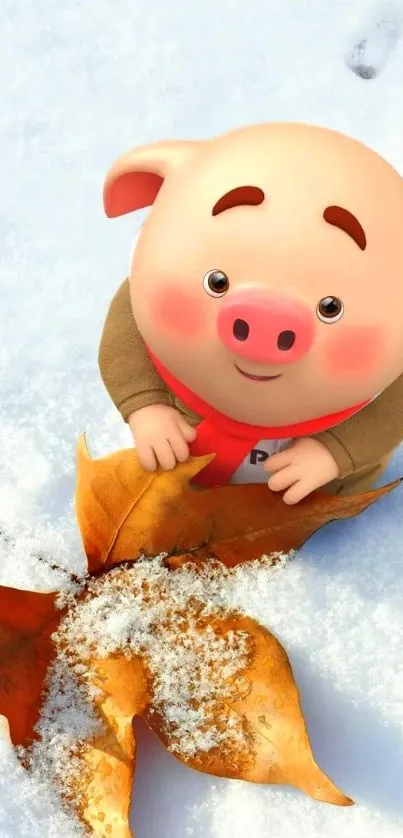 Cartoon piglet with leaf in snow, phone wallpaper.