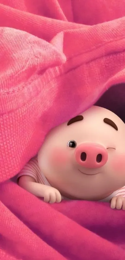 Charming piglet nestled in pink fabric, cartoon style.