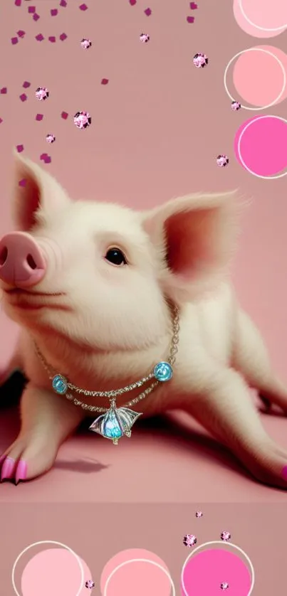 Charming piglet with jewelry and pink backdrop, ideal for mobile wallpaper.