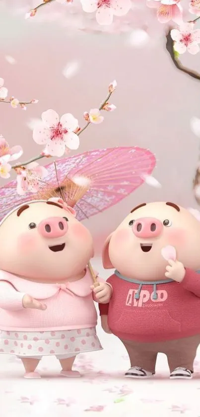 Cute piglets with a pink umbrella and cherry blossoms in the background.