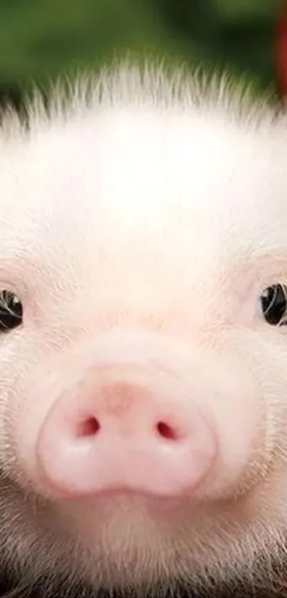 Close-up of a cute piglet staring directly at the camera with a soft pink background.