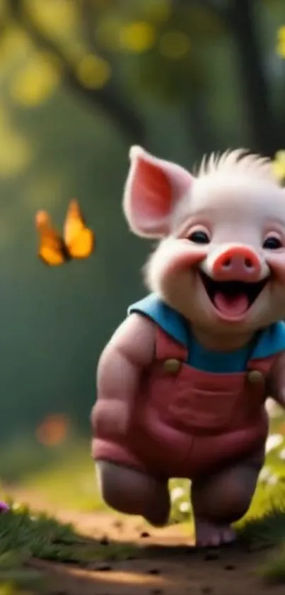 Adorable piglet runs through forest, chasing a butterfly.