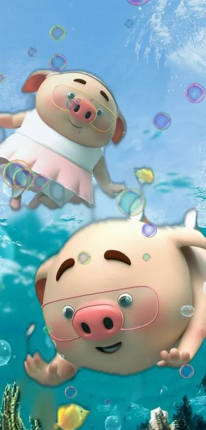 Cartoon pigs swimming underwater with bubbles in a vibrant, playful scene.