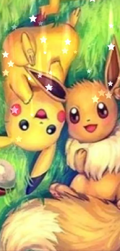 Cute Pikachu and Eevee on green grass.