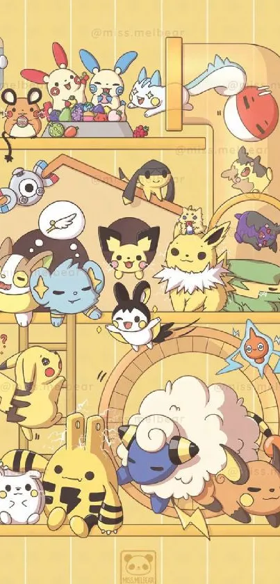 Cute Pikachu and friends in a whimsical design with a yellow background.