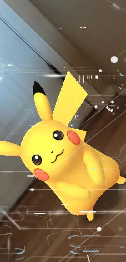 Cute Pikachu stands in an AR-enhanced indoor room setting with brown floors.