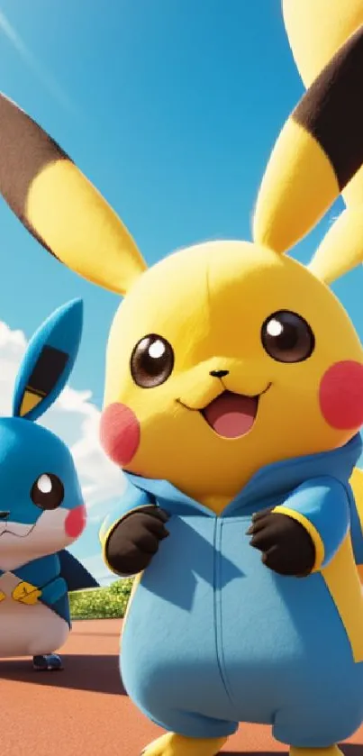 Cute Pikachu in blue hoodie under a bright blue sky.