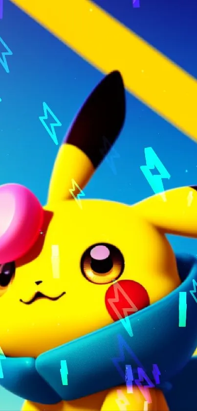 Cute 3D Pikachu with blue scarf on yellow and blue background.