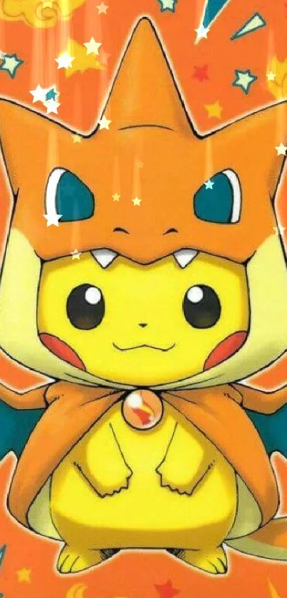 Pikachu in Charizard costume on orange background, cute mobile wallpaper.