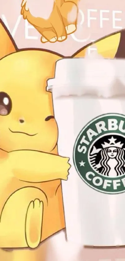 Pikachu with Starbucks coffee in cute art style wallpaper.