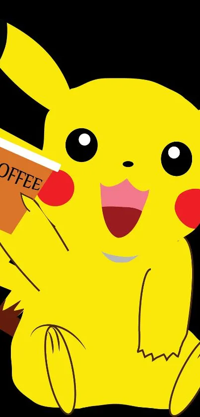 Pikachu holding coffee cup, black background.