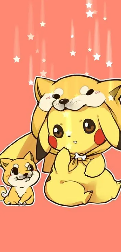 Adorable Pikachu in a dog costume on a peach background.