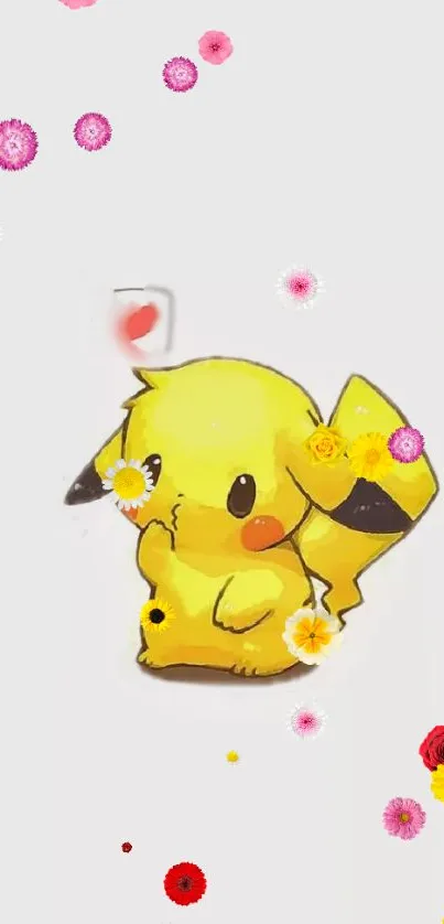 Cute Pikachu wallpaper with colorful floral background.