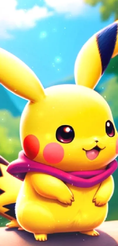 Cute Pikachu with scarf in a forest setting, vibrant and cheerful.