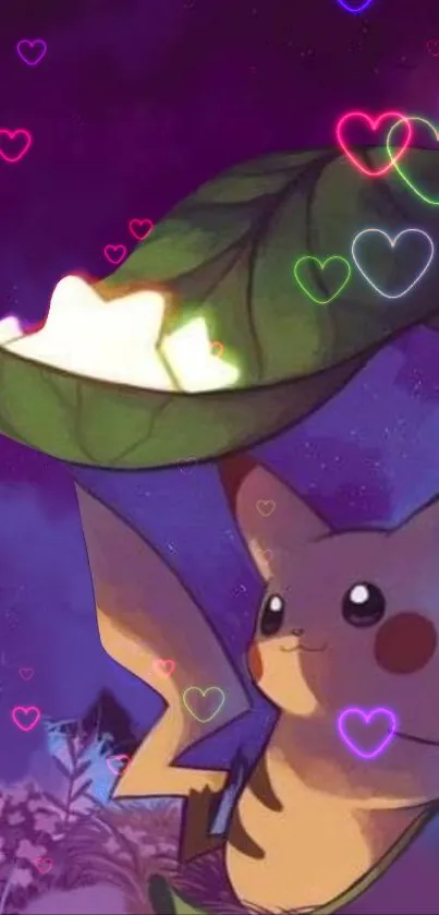 Charming Pikachu with glowing hearts on purple background.