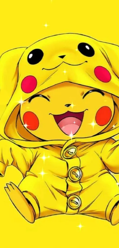 Cute Pikachu in yellow hoodie with sparkling smile on a bright background.