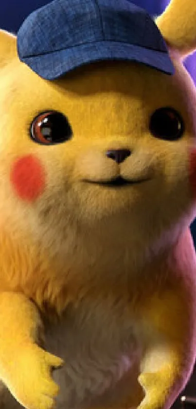 Pikachu wearing a blue cap, smiling charmingly.