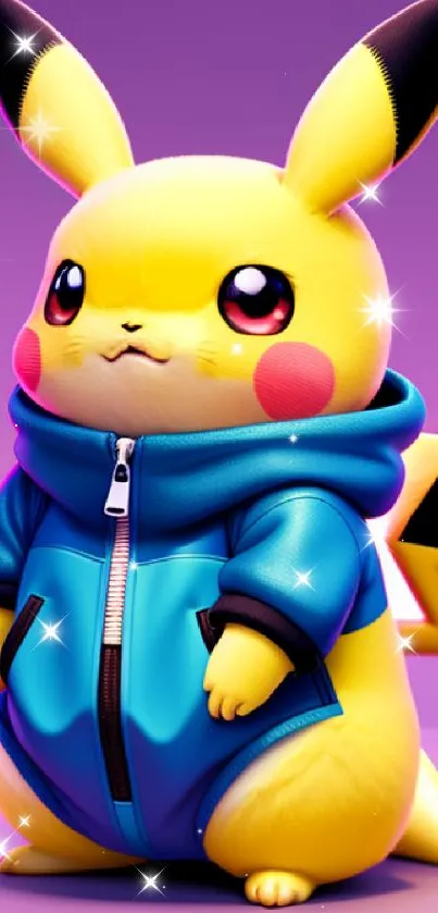 Pikachu in a blue hoodie on a purple background.