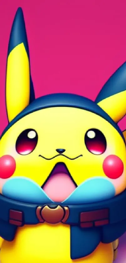 Cute Pikachu with blue scarf on bright pink background.