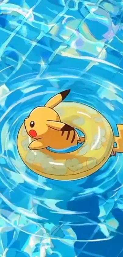 Pikachu floating in blue water with a swimming ring.