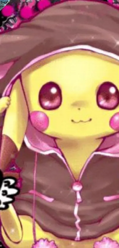 Cute Pikachu in a pink hoodie with a charming smile and vibrant colors.