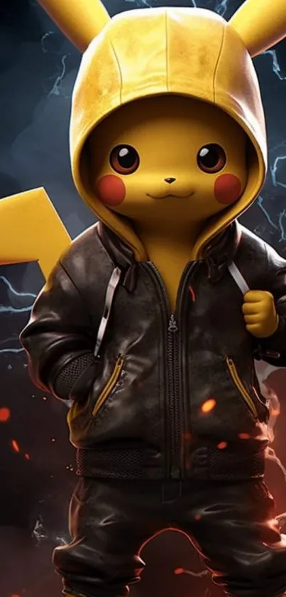 Pikachu in hoodie with lightning sparks background.