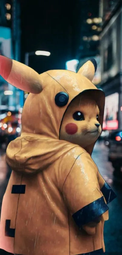 Pikachu in yellow raincoat at night cityscape, perfect mobile wallpaper.