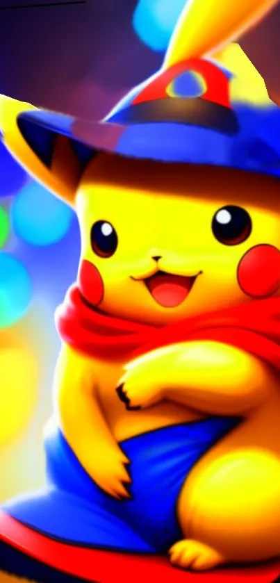 Cute Pikachu with a wizard hat and bright colors.