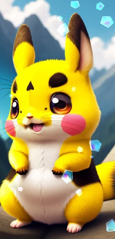 Cute Pikachu-like creature in mountains, yellow and charming scene.