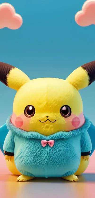 Cute Pikachu in blue hoodie against pink and blue background.