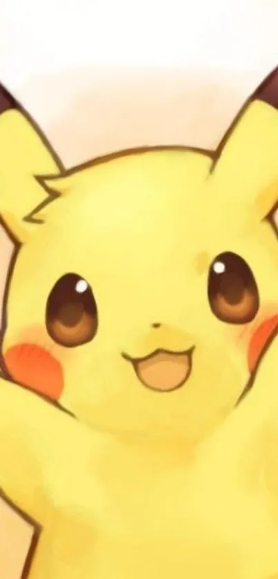 Cute Pikachu in yellow, smiling with open arms on mobile wallpaper.