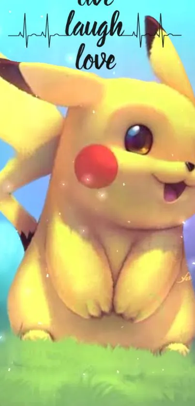 Cute Pikachu with 'live laugh love' text on a colorful background.