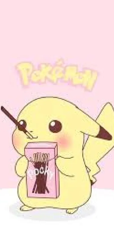 Cute Pikachu holding Pocky on a pastel pink background.