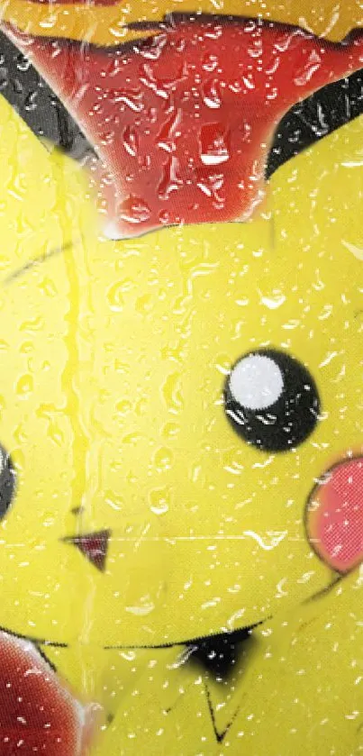 Pikachu with raindrops mobile wallpaper, vibrant yellow and playful design.