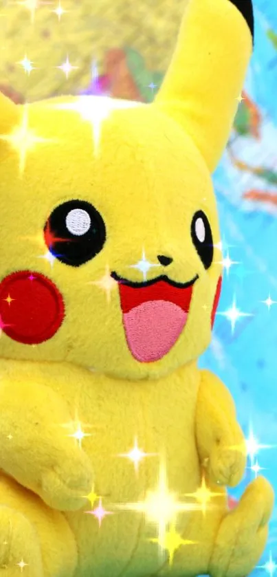 Vibrant Pikachu toy with sparkling stars against a colorful background.