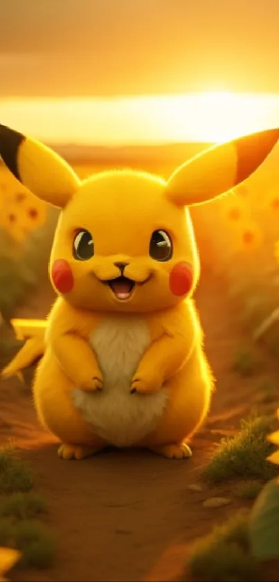 Cute Pikachu sitting in a sunflower field during sunset.