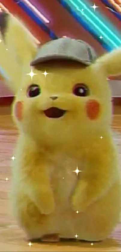 Adorable Pikachu with hat and neon background.