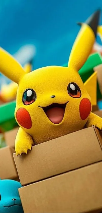 Smiling Pikachu popping out of a cardboard box.