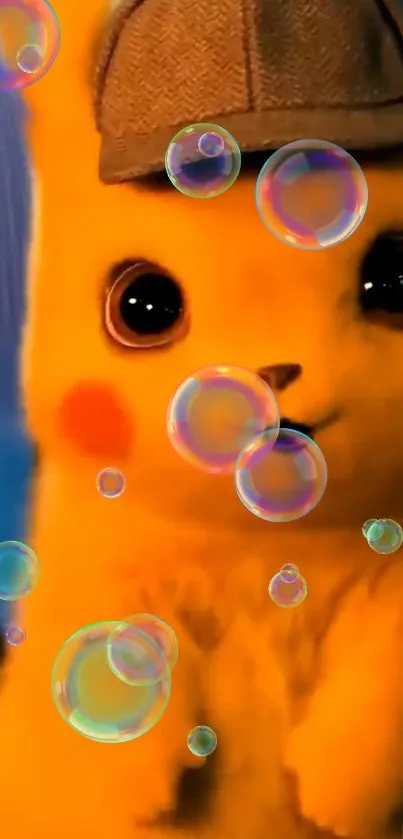 Pikachu with bubbles and detective hat on mobile wallpaper.