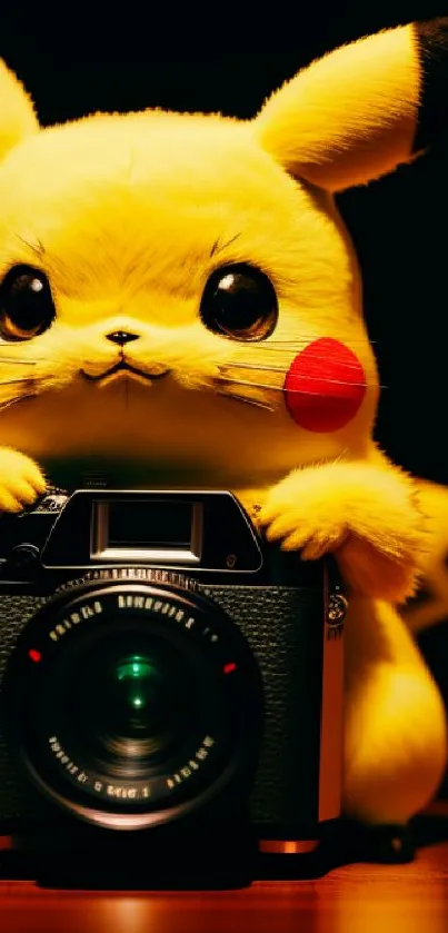 Cute Pikachu holding a camera with a yellow background.